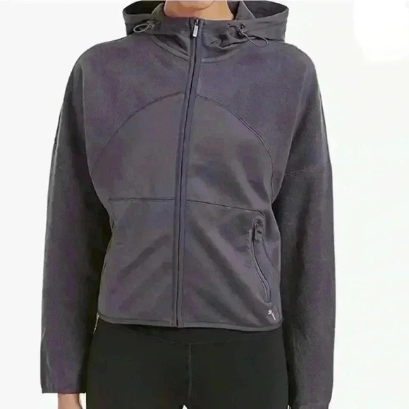Puma Gray Yogini Cropped Zip Fleece Hooded Jacket Size XL - Picture 1 of 13